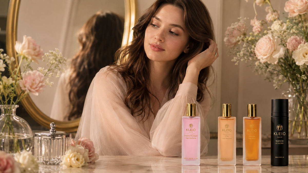 Woman at a vanity with the KLEIO Body Ritual collection