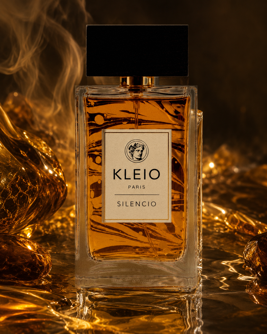 KLEIO Paris Silencio eau de parfum, amber bottle with black cap surrounded by golden amber reflections and drifting smoke.