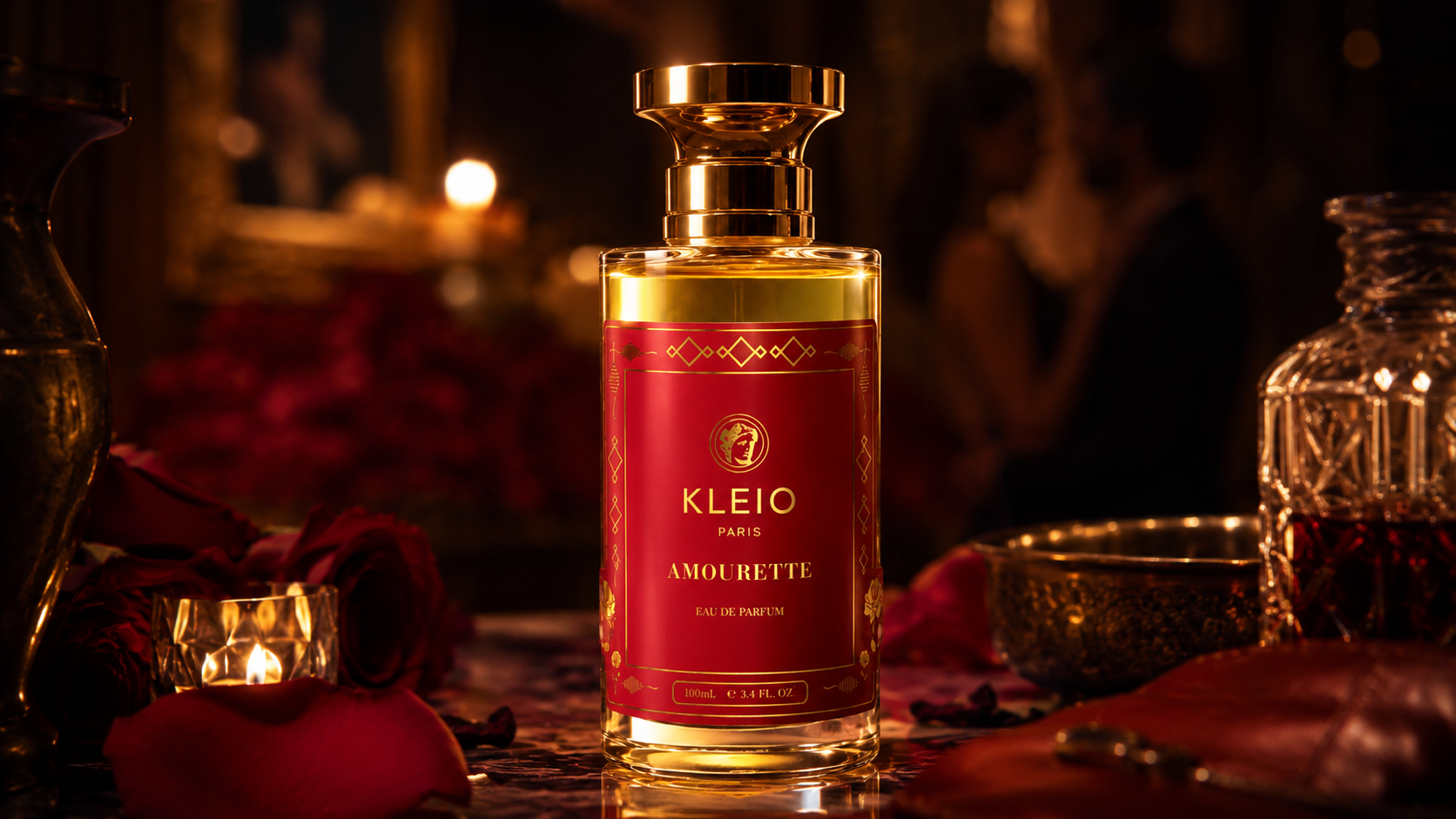 Amourette perfume bottle in a cinematic Escapades campaign scene