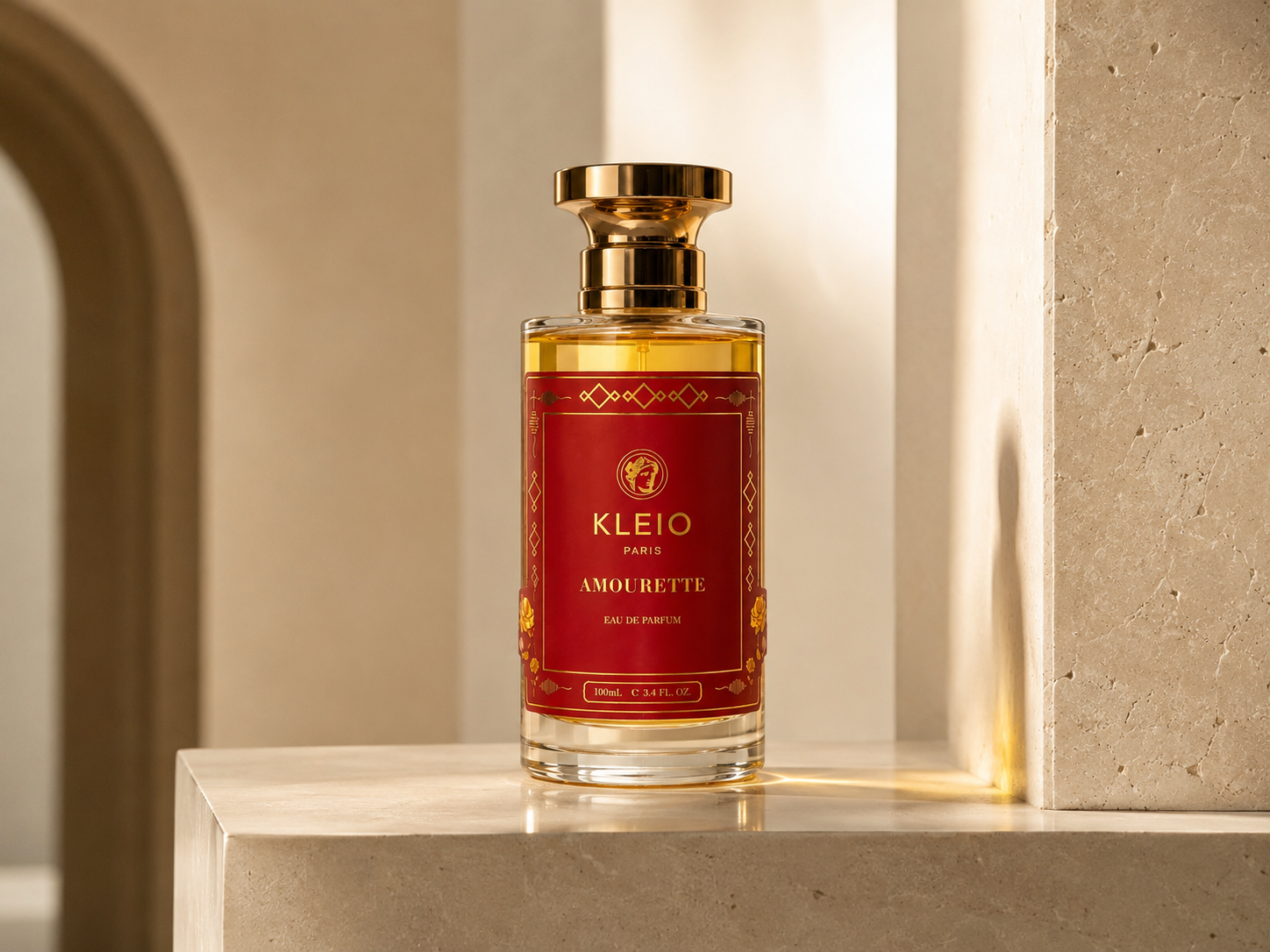 Amourette Eau de Parfum bottle in a warm arched interior