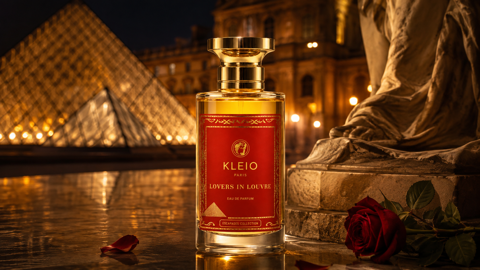 Lovers in Louvre Eau de Parfum bottle beside the Louvre pyramid at night