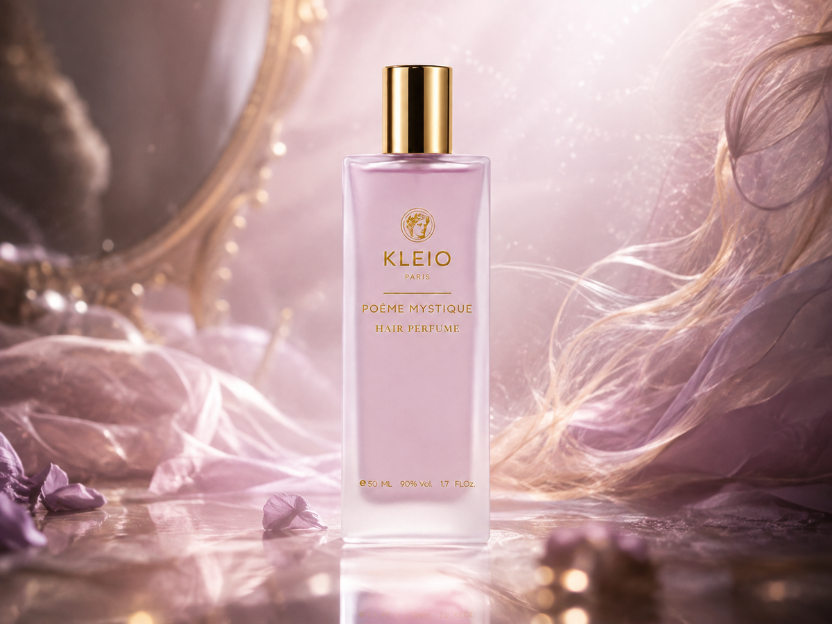 Poème Mystique Hair Perfume bottle in soft lilac light with flowing hair