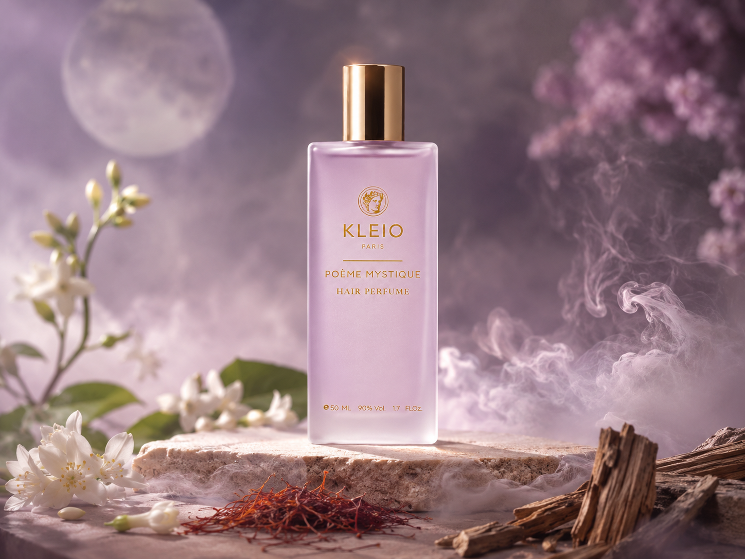 Poème Mystique Hair Perfume bottle with jasmine, saffron and wood in lilac light