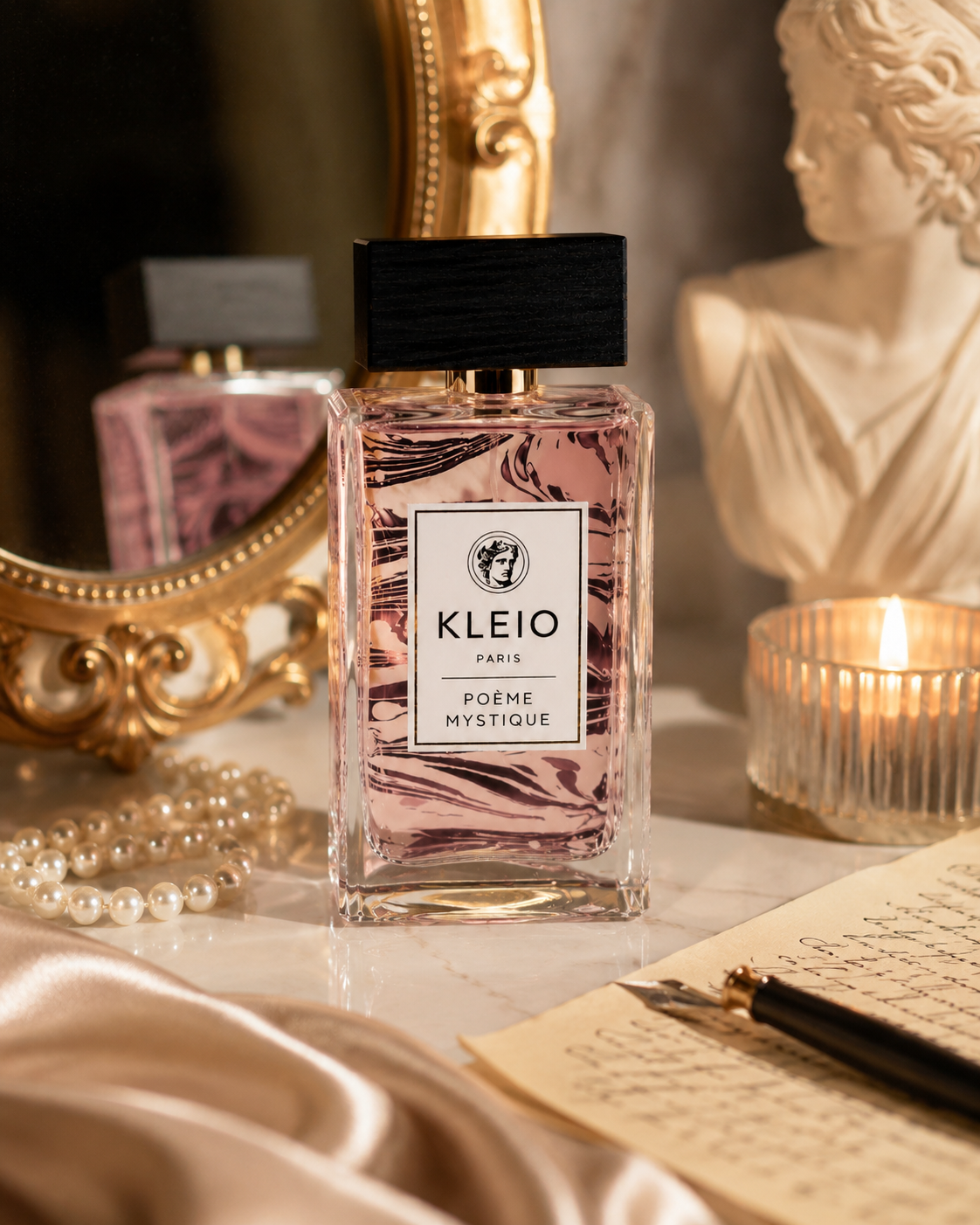 Poeme Mystique bottle on a candlelit vanity