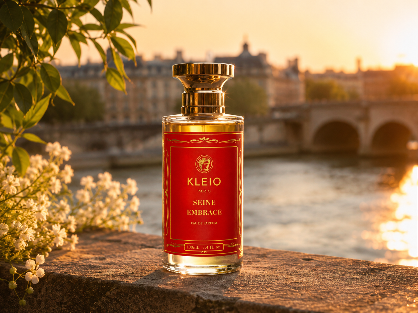 Seine Embrace Eau de Parfum bottle in a bright Paris interior