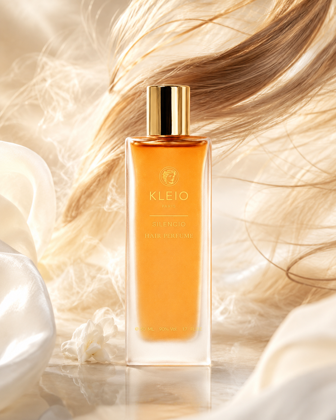 Silencio Hair Perfume bottle with flowing hair in warm light
